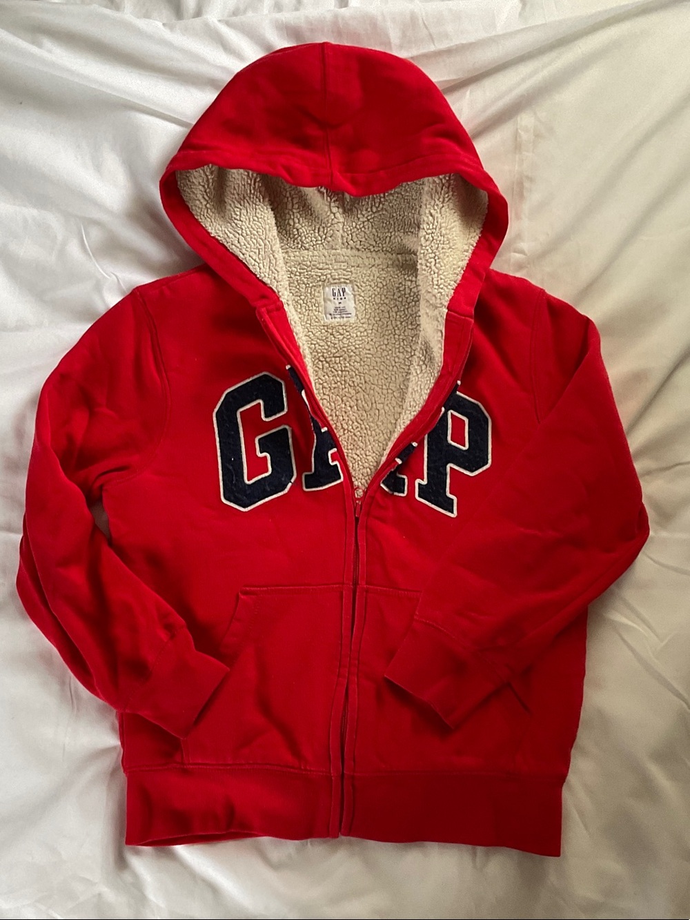 GAP Kids Red Hooded Zip Sweatshirt with Cream Sherpa Lining